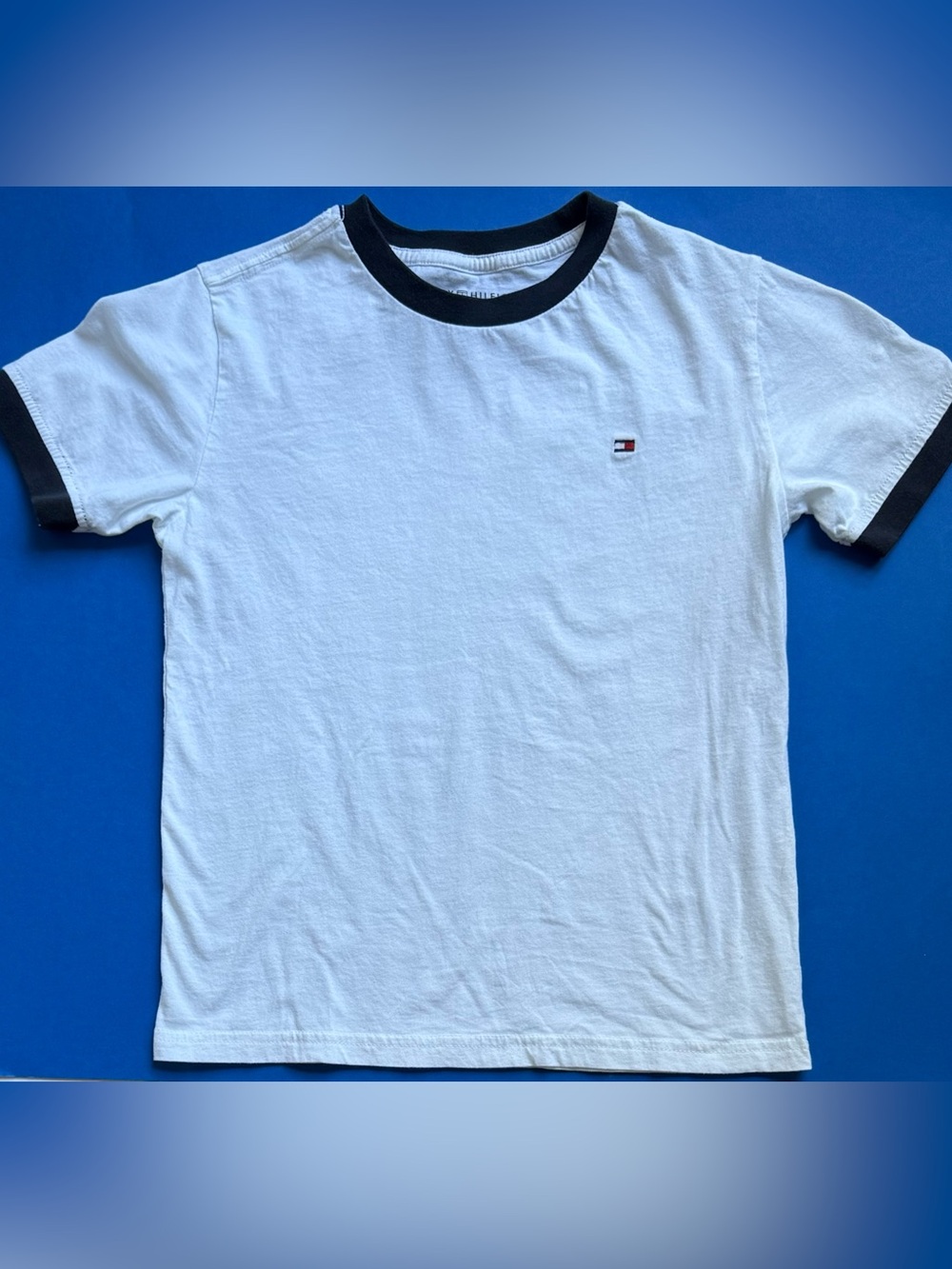 Tommy Hilfiger Boys Small (8-10) White Tee with Navy Trim and logo flag on chest